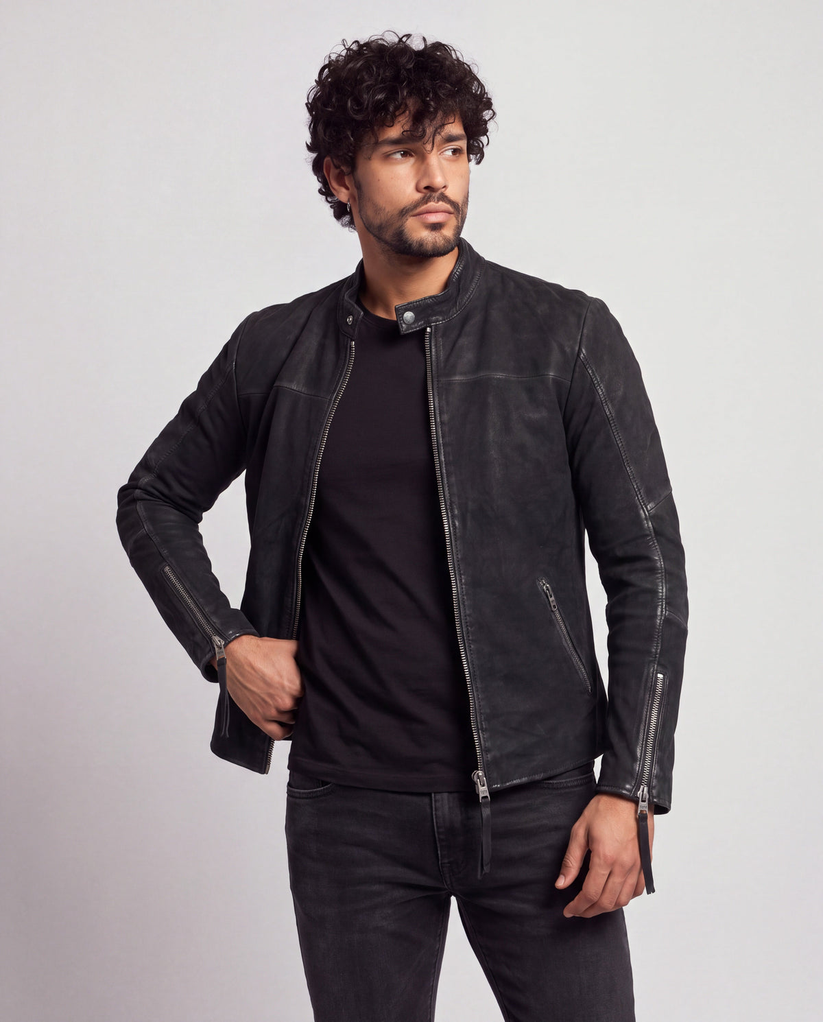 Daniel by tigha – men's leather jacket with stand collar in cowhide, Buffed Black, front view, worn open