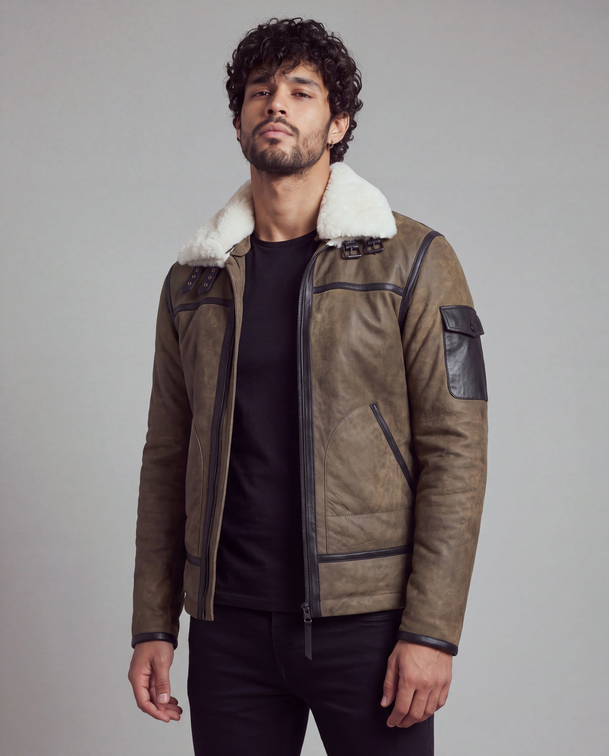 Forest by tigha – men's leather aviator jacket with double white shearling collar, olive-brown sheepskin in Elephant Vintage, front view, worn open