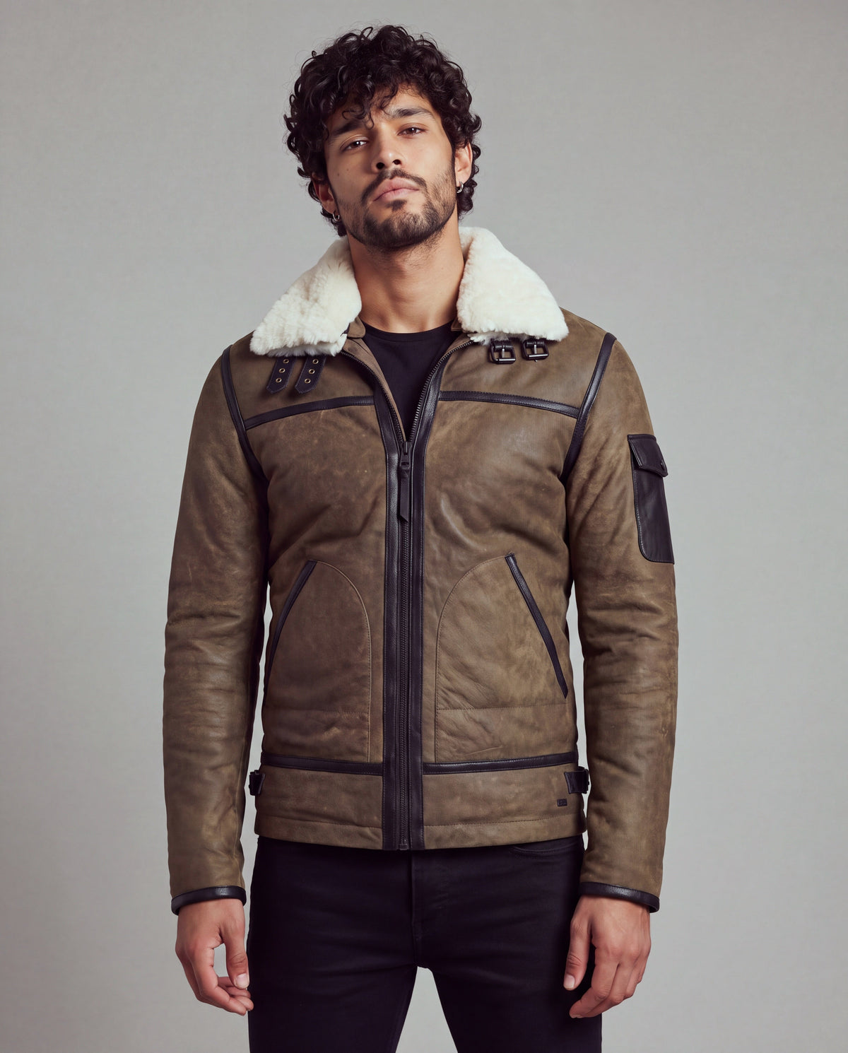 Forest by tigha – men's leather aviator jacket with double white shearling collar, olive-brown sheepskin in Elephant Vintage, front view on model