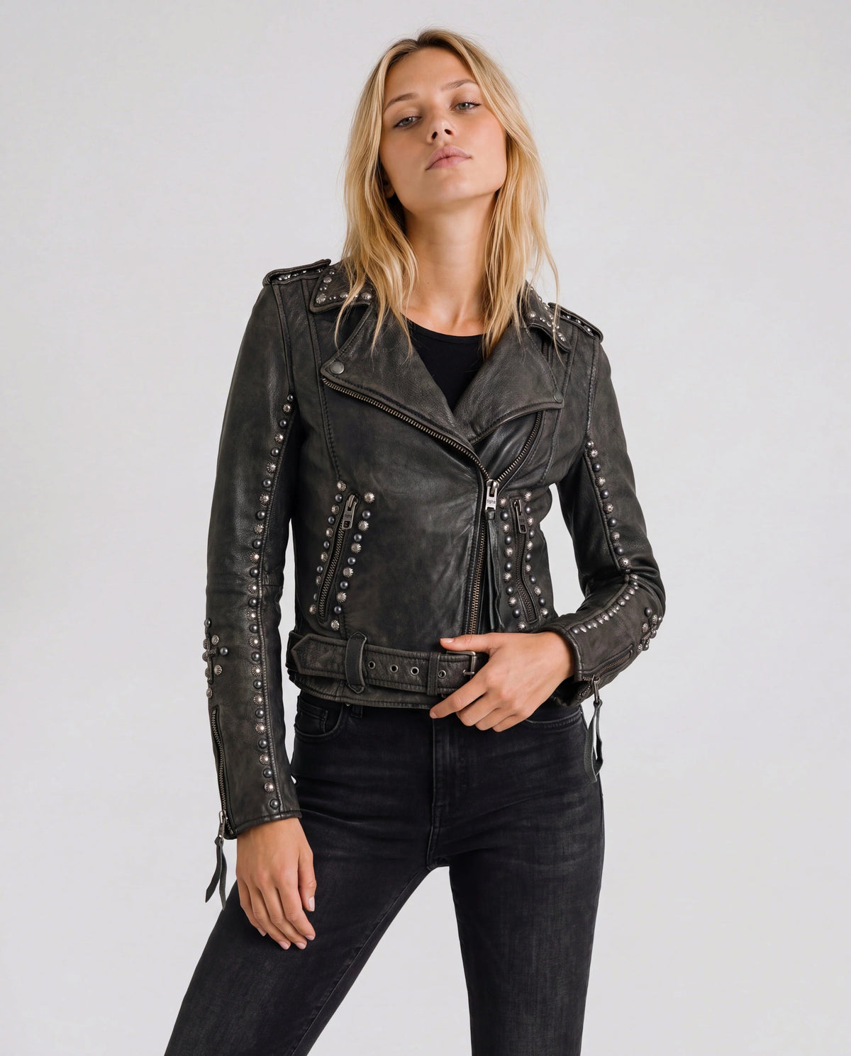 Jocy by tigha – women's studded leather biker jacket in cowhide, Stone Washed Black, front view on model