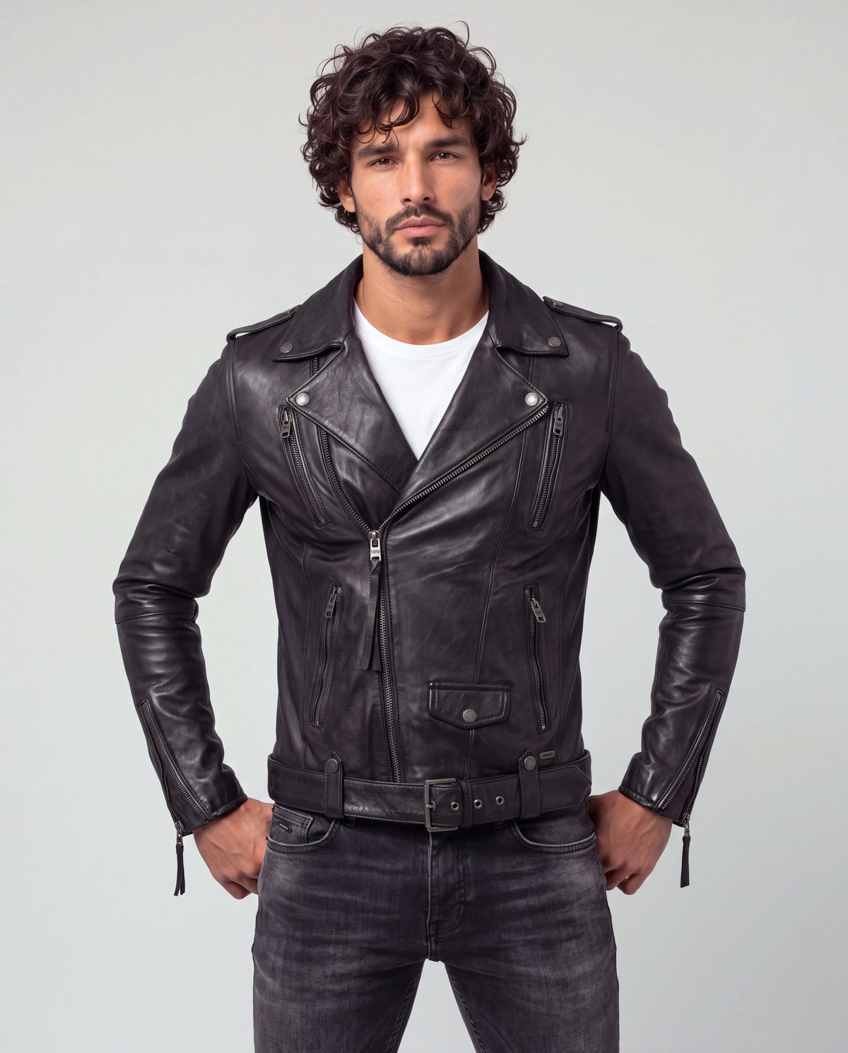 A True Love Story by tigha – men's signature leather biker jacket in sheepskin, Heavy Washed Black, front view on model