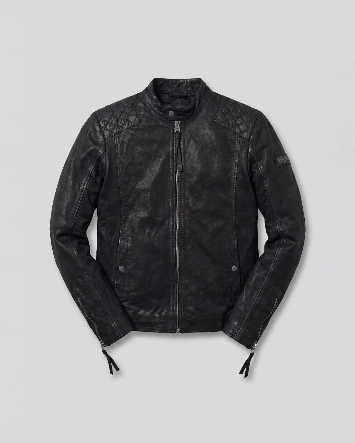 Nero von tigha – Biker-Lederjacke für Herren aus Rindsleder in Buffed Black, Produktfoto liegend