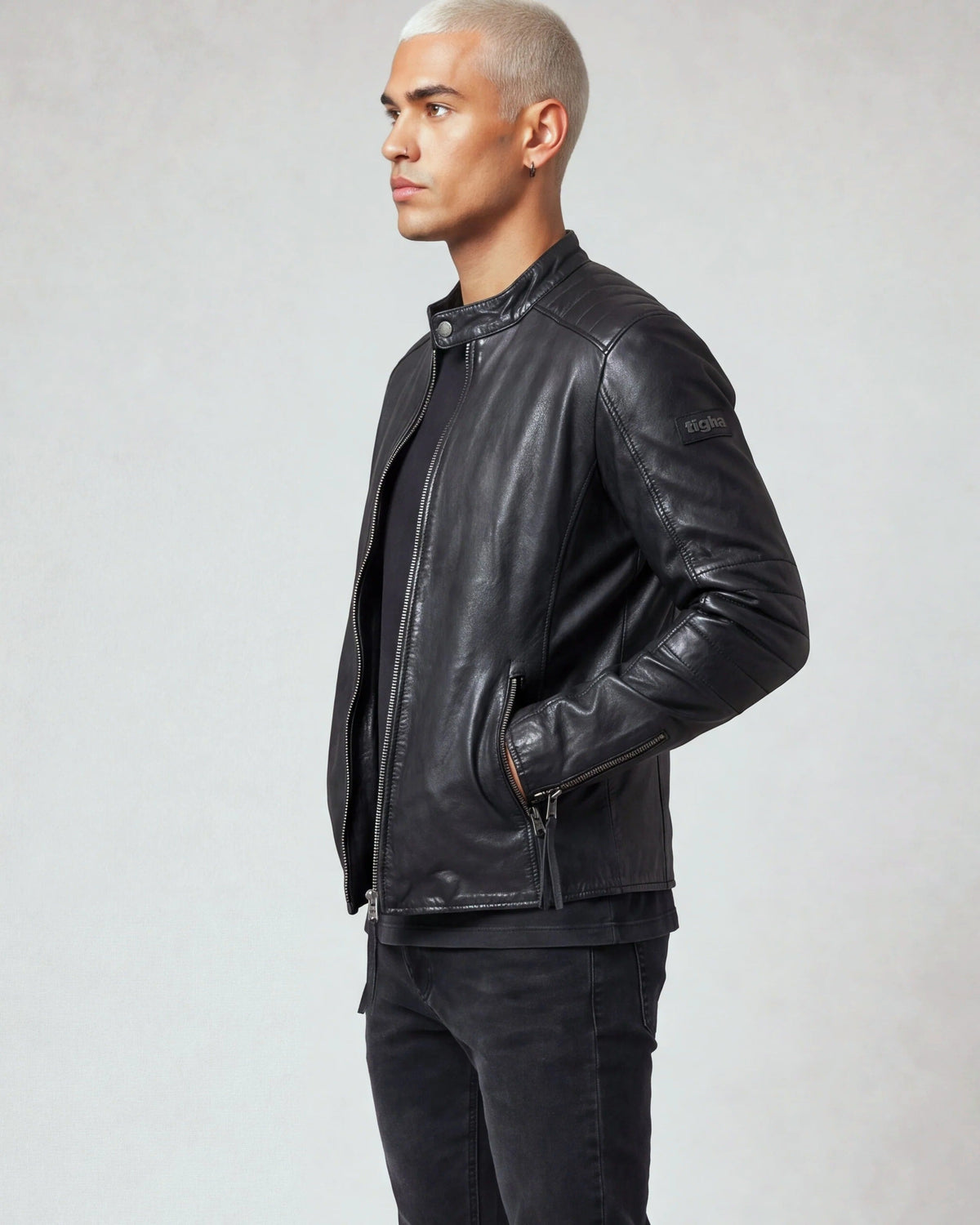 Stephen by tigha – men's leather racer jacket with stand collar in sheepskin, Heavy Washed Black, side view