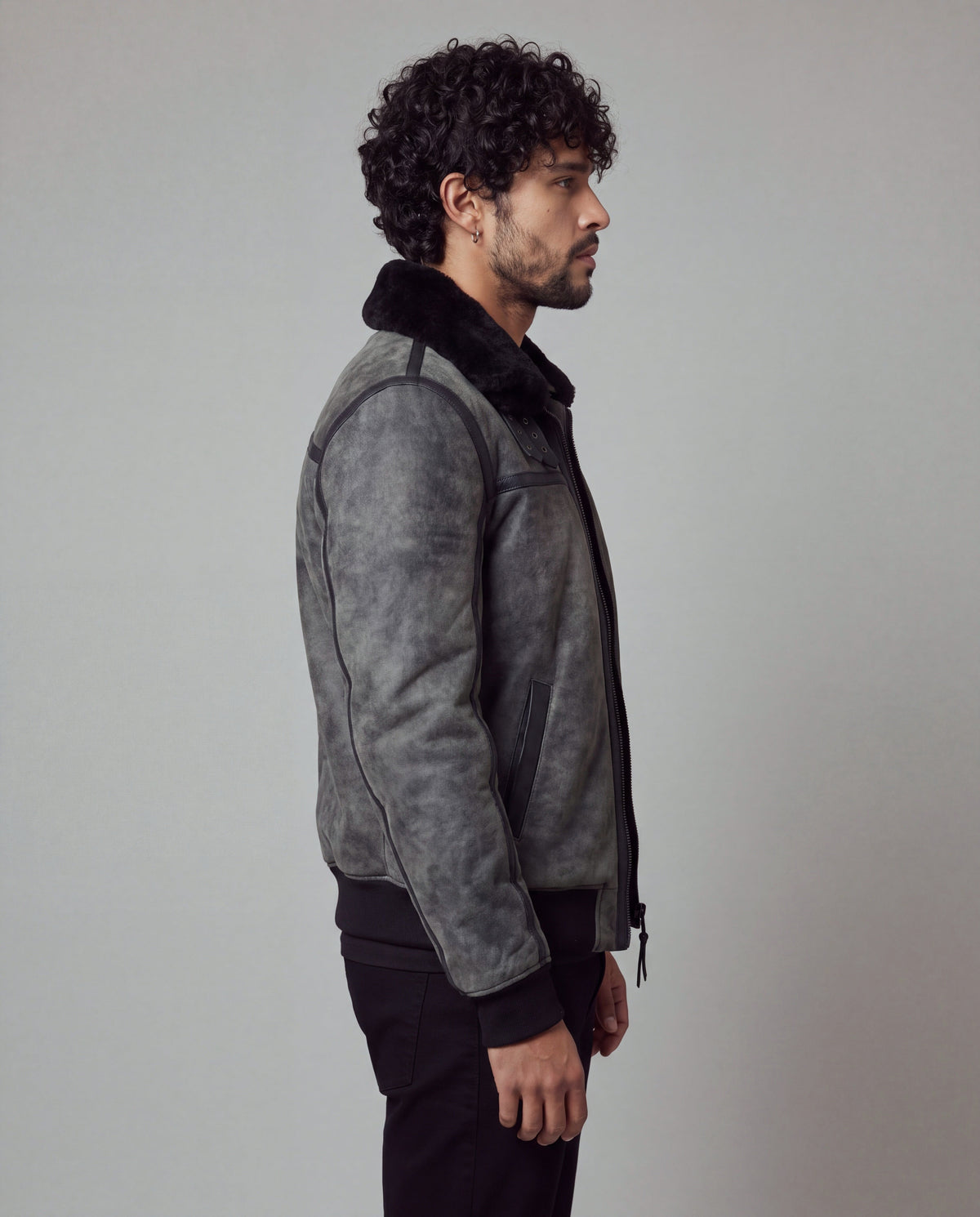 Talvi by tigha – men's leather aviator jacket with double shearling collar, sheepskin in Elephant Vintage Grey, side view
