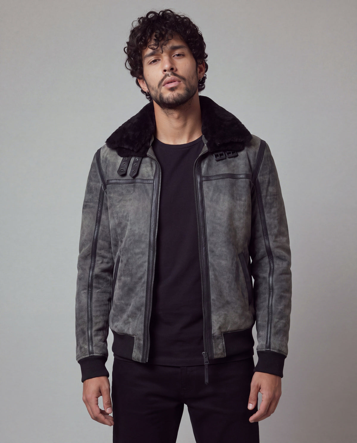 Talvi by tigha – men's leather aviator jacket with double shearling collar, sheepskin in Elephant Vintage Grey, front view, worn closed