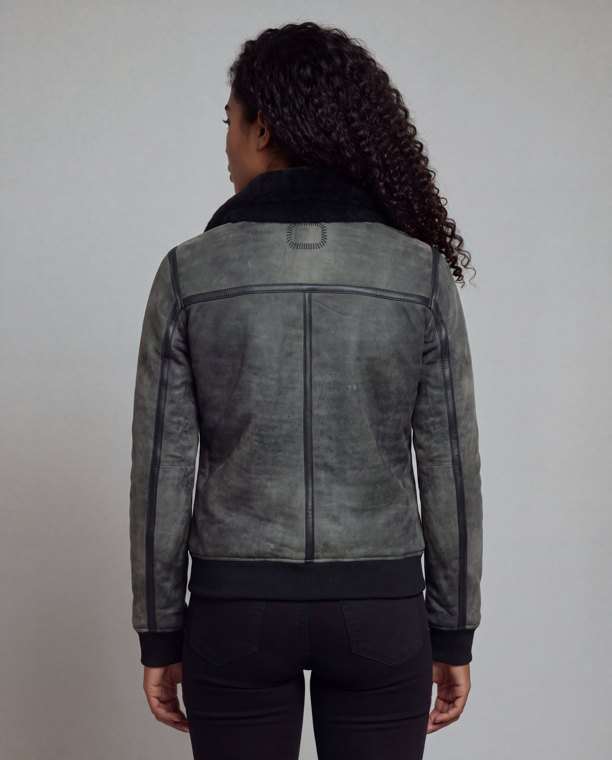 Talvi by tigha – women's leather aviator jacket with double shearling collar, sheepskin in Elephant Vintage Grey, back view