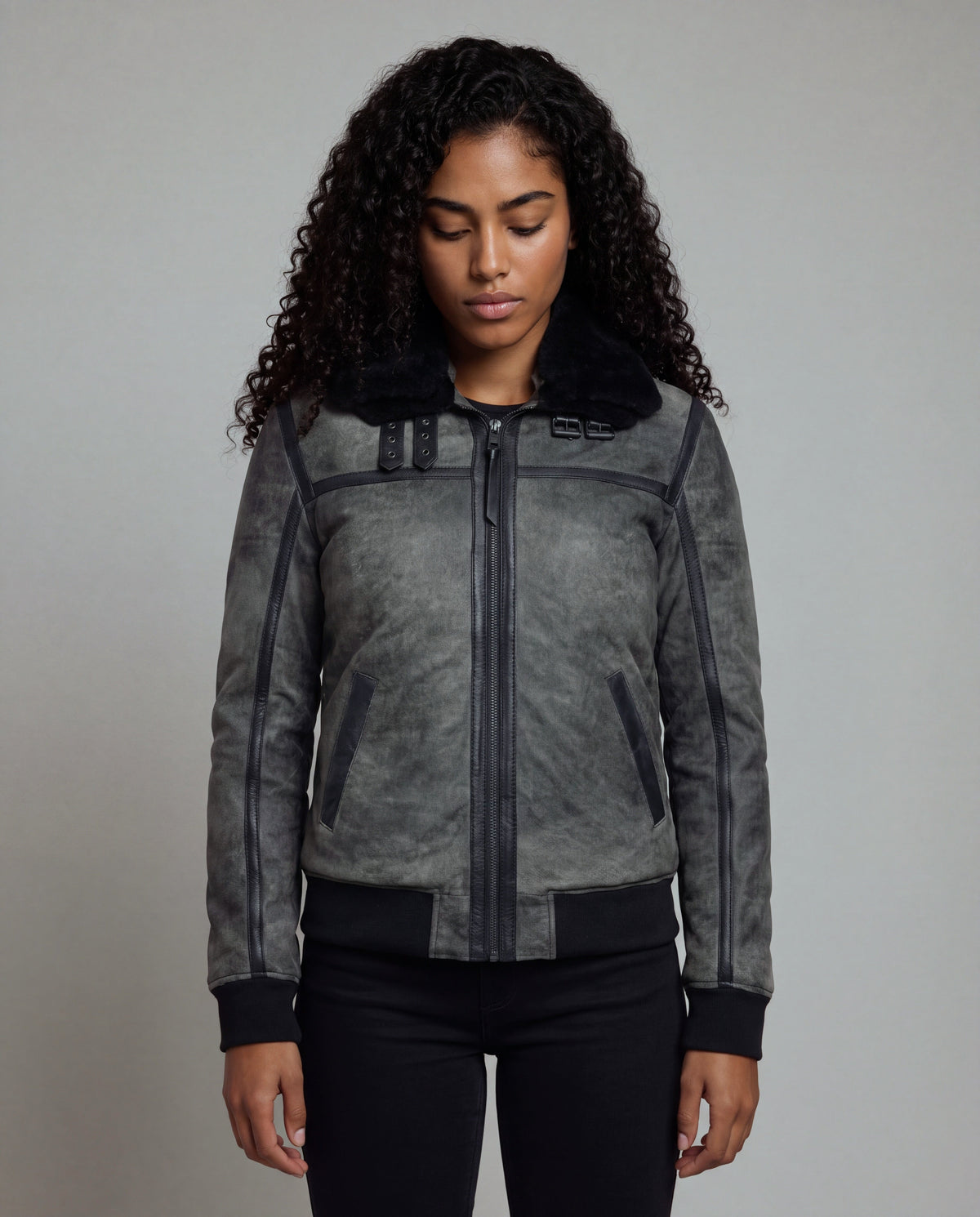 Talvi by tigha – women's leather aviator jacket with double shearling collar, sheepskin in Elephant Vintage Grey, front view, looking down