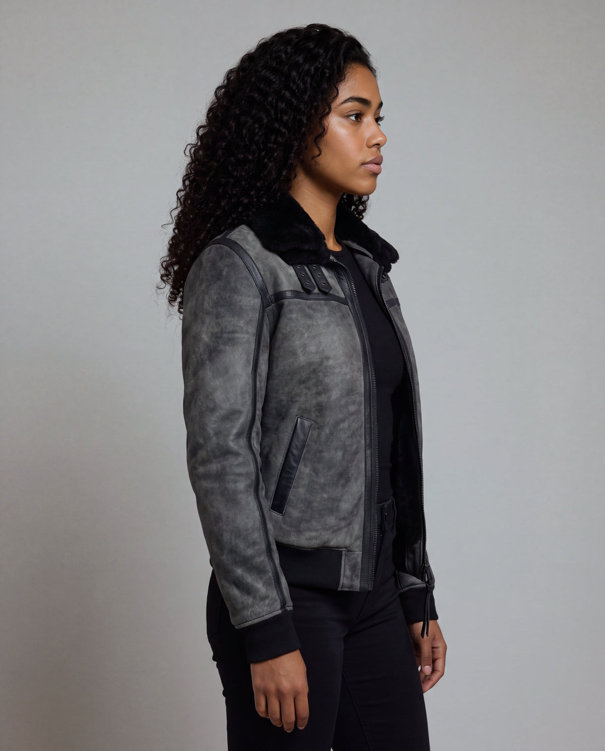 Talvi by tigha – women's leather aviator jacket with double shearling collar, sheepskin in Elephant Vintage Grey, side view