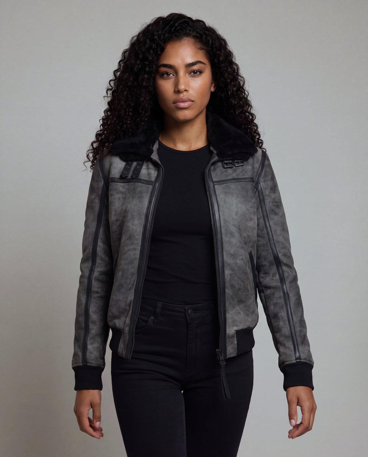 Talvi by tigha – women's leather aviator jacket with double shearling collar, sheepskin in Elephant Vintage Grey, front view, worn open