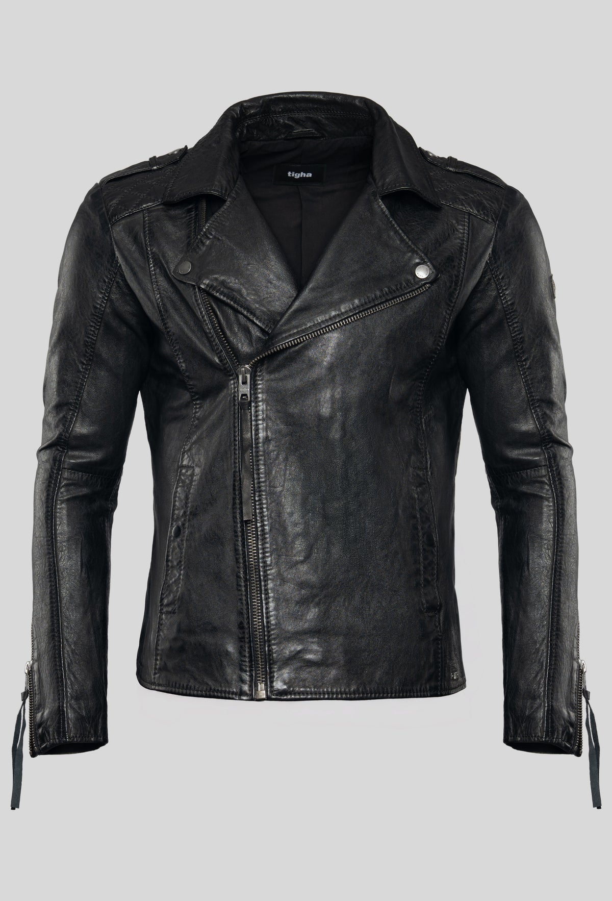 Elon von tigha – Perfecto-Biker-Lederjacke für Herren aus gewachstem Schafsleder mit Rautensteppung, Produktfoto ohne Model